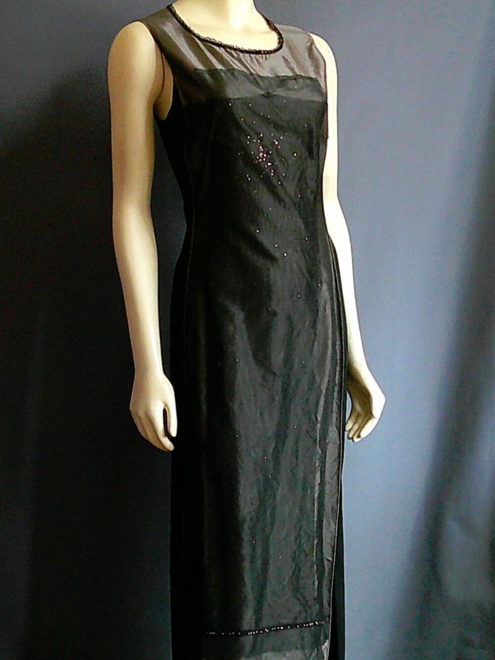 Rozae Nichols Black Net Rhinestone Column Maxi Vintage Evening Gown Dress M